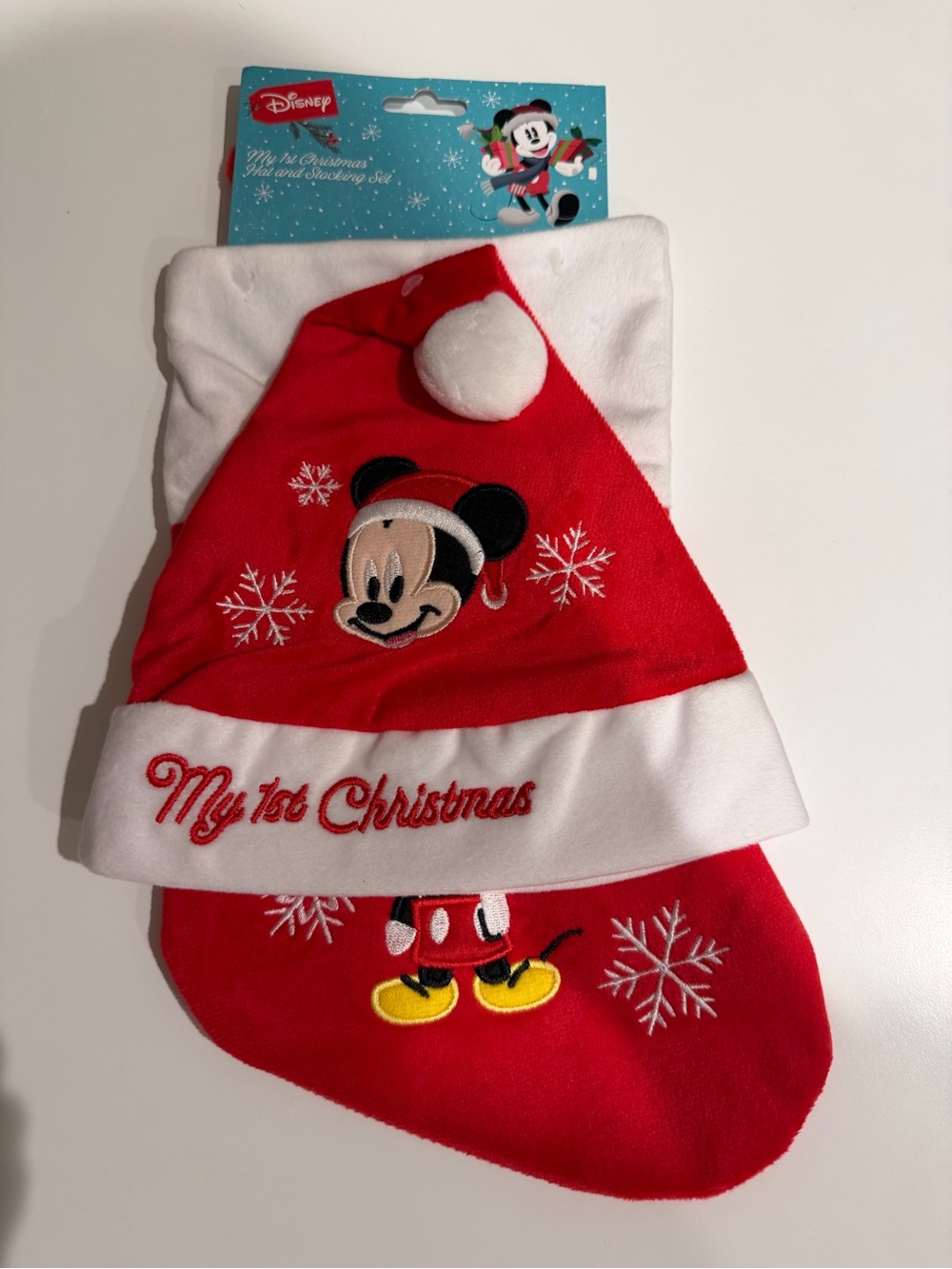 Disney Red & White Mickey 'My 1st Christmas' Santa Hat and Stocking Set